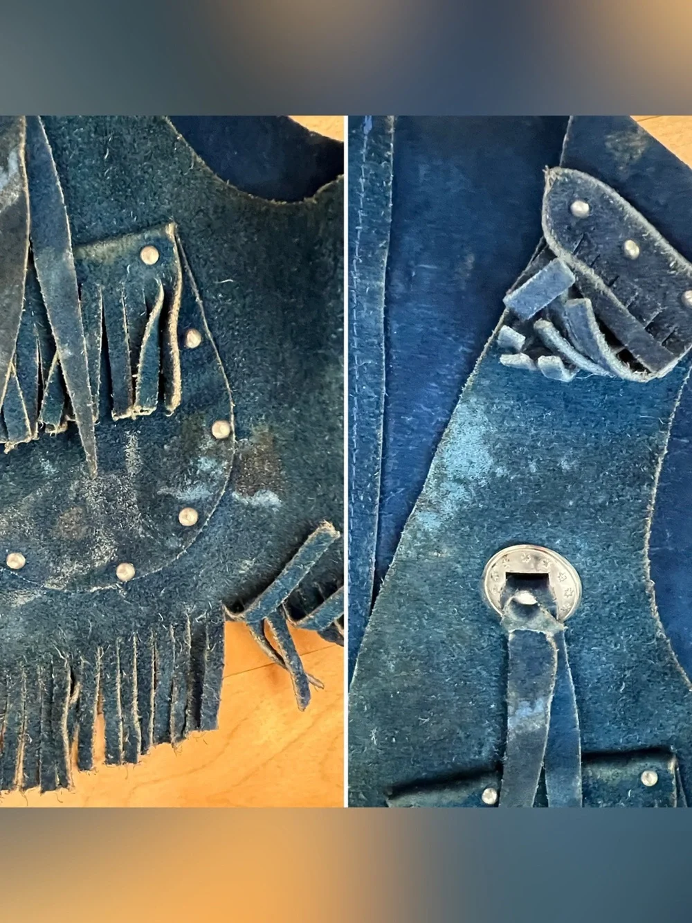 🤠2T-3T Vtg 70s Sears Blue Suede Kids Cowboy Costume Set Vest Chaps Ranchtone Hat